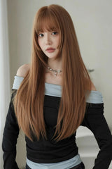 Mocha Mousse Korean Idol Chic Face-Framing Hime Cut Long Straight Wig with Full Bangs - Product - 6