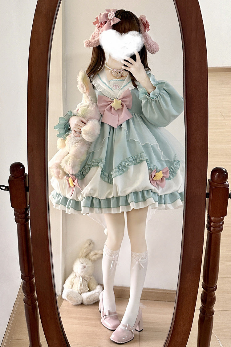 [Pray Star] Long Sleeves Double-Layered Ruffle Bowknot Stitching Lace Sweet Lolita Dress 5 Colors - Product - 15