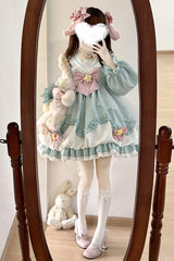 [Pray Star] Long Sleeves Double-Layered Ruffle Bowknot Stitching Lace Sweet Lolita Dress 5 Colors - Product - 15