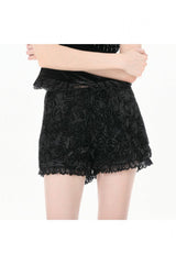 Black 3D Floral Jacquard Lace-Trimmed Women's Gothic Mini Shorts - Black - 1