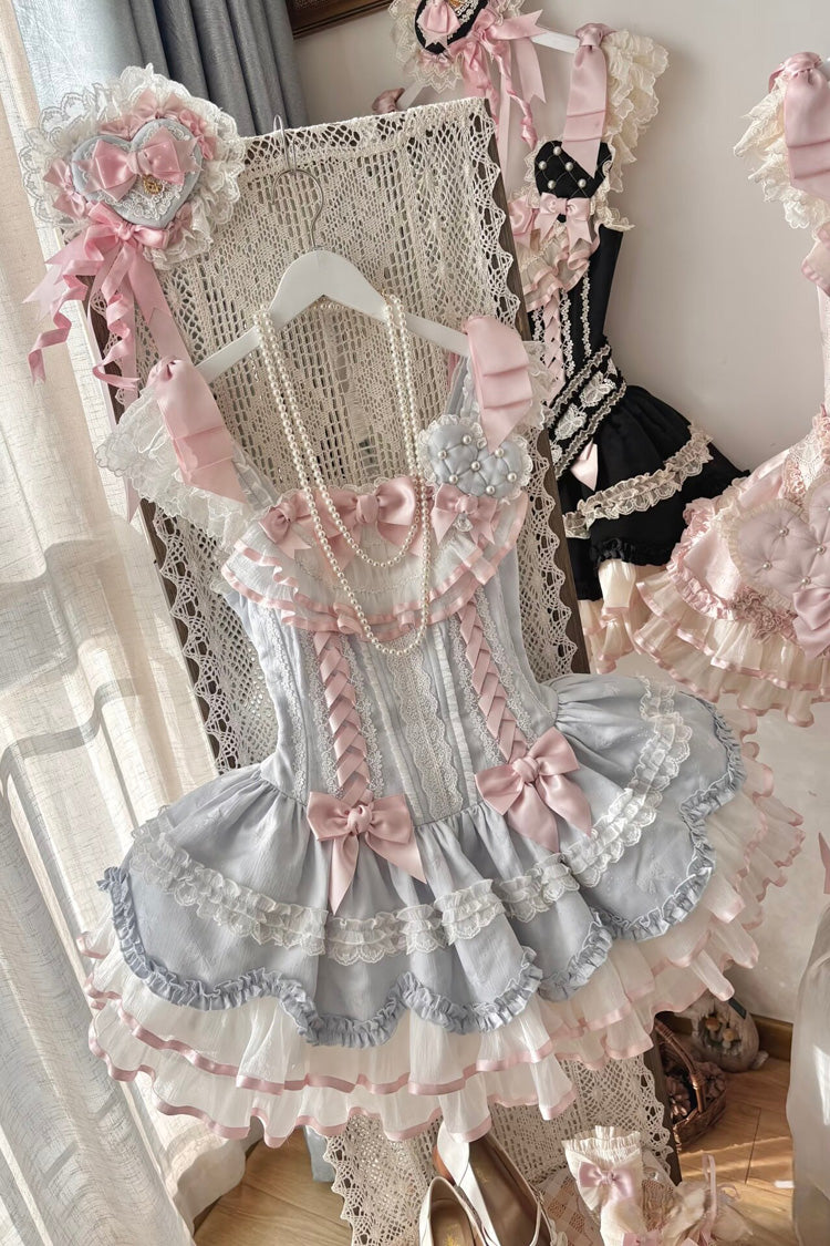Blue Triple-Layered Ruffled Bow Lace-Up Slim Ballet Sweet Lolita Dress - Product - 11