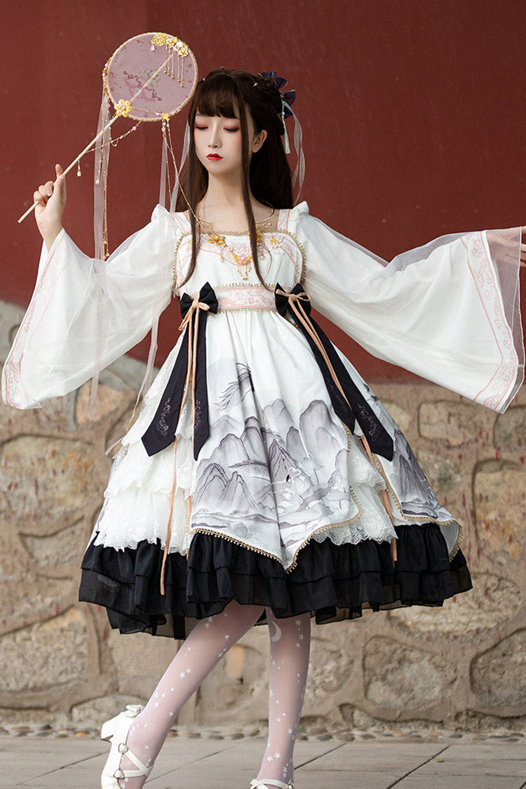 Chinese Style Long Sleeves Landscape Painting Print Bowknot Sweet Elegant Lolita Dress 2 Colors - Product - 7