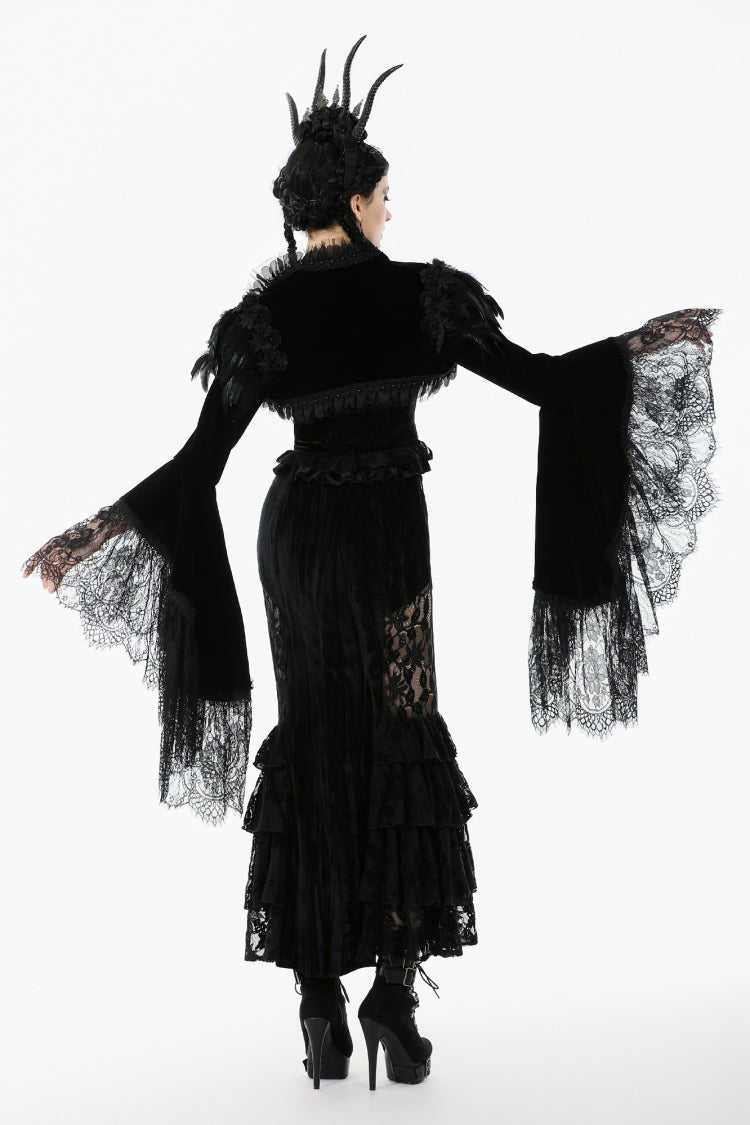 Black Lace Spliced Velvet Long Flared Sleeves Floral Feather Women's Gothic Cape - Product - 11