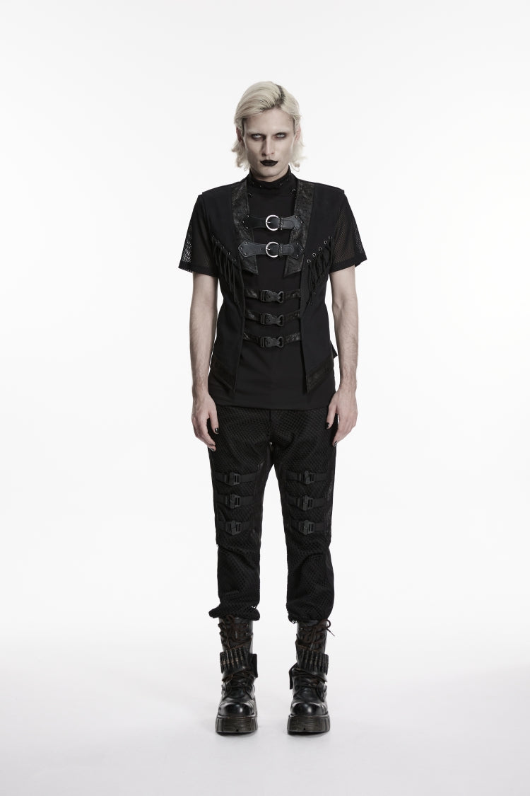 Black Cut-Out Lace-Up Slim Mesh Buckled Eyelet Men's Punk Handsome Vest - Product - 7