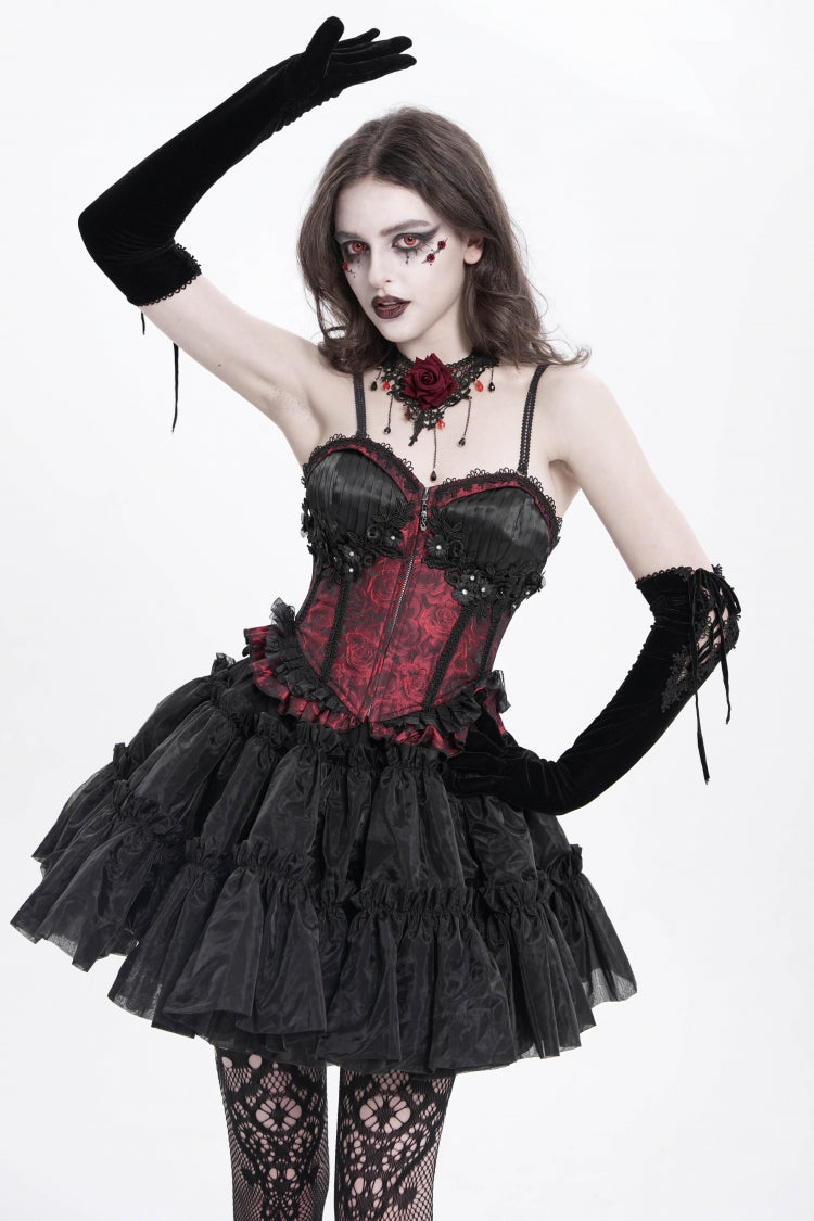 Red Sleeveless Ruffle Embroidery Lace-Up Women's Gothic Tank Top - Product - 4