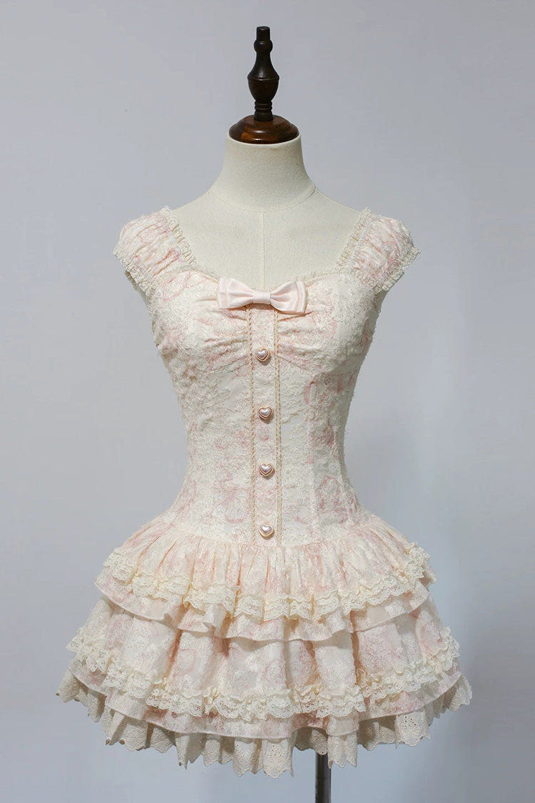 Sweet Square Collar Sleeveless Ruffled Embroidered Bow Lace Boned Lolita Dress 3 Colors (Pink, Green, Blue) - Pink - 1