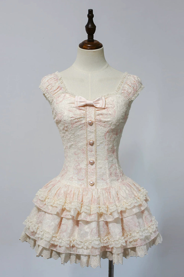 Sweet Square Collar Sleeveless Ruffled Embroidered Bow Lace Boned Lolita Dress 3 Colors (Pink, Green, Blue) - Pink - 1