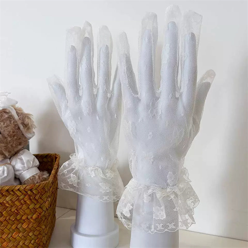 Butterfly Embroidered Lace Mesh Sweet Lolita Gloves 2 Colors - White - 1
