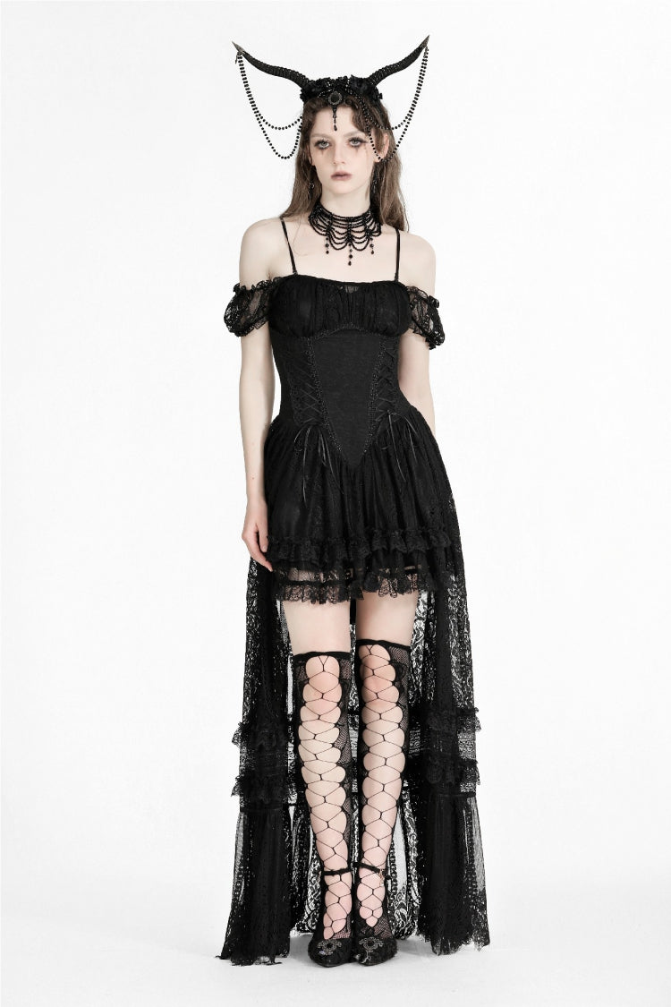 Black Off Shoulder Short Flutter Sleeves Lace-Up Lace High/Low Women's Gothic Prom Slip Dress - Product - 6