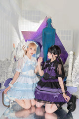 Black/Purple [Cotton Cloud] Lapel Collar Ruffle Bowknot Lace-Up Gothic Lolita Jsk Dress - Product - 12