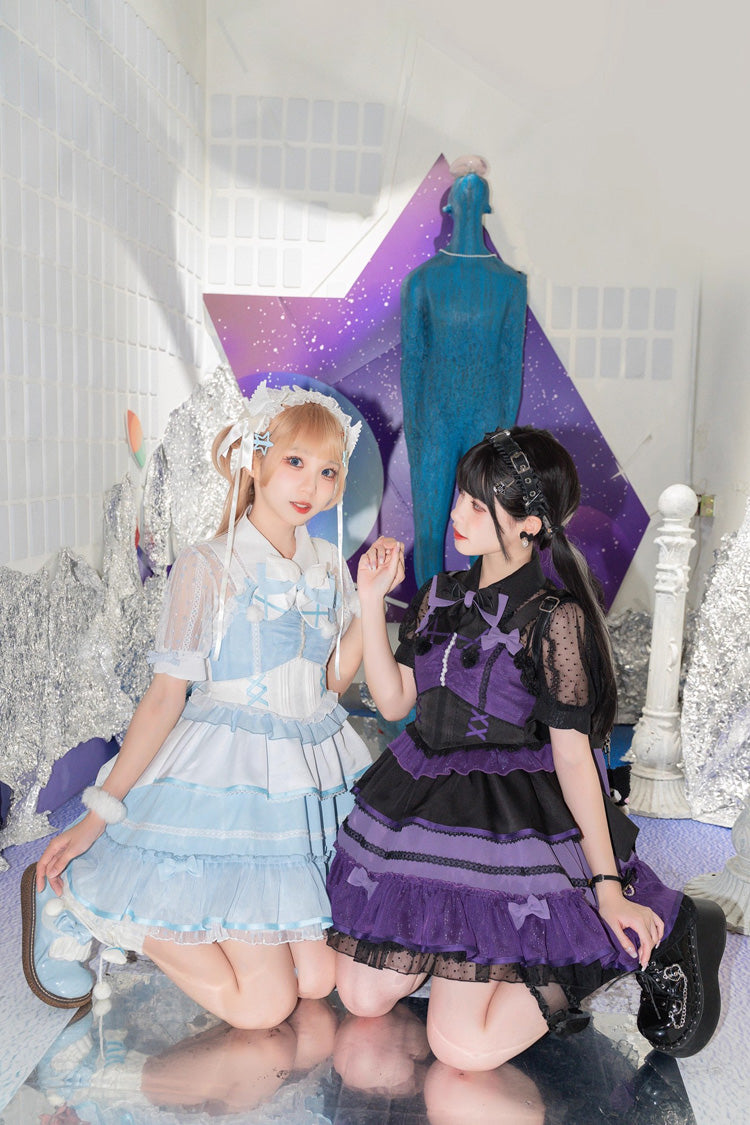 Black/Purple [Cotton Cloud] Lapel Collar Ruffle Bowknot Lace-Up Gothic Lolita Jsk Dress - Product - 12