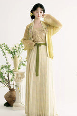 Light Green/Apricot [Grape Garden] Long Sleeves High Waisted Printed Embroidered Women's Sweet Hanfu Set - Product - 2