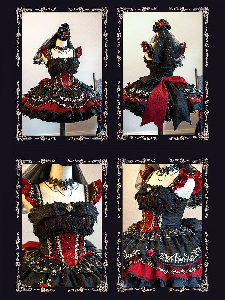 Black & Red Bat Embroidery Gothic Lolita JSK Dress detail view 5