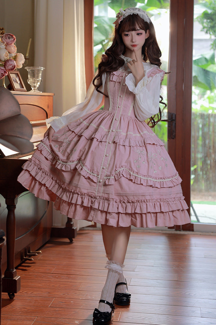 Pink Pastoral Style Double-Layered Ruffle Embroidery Sweet Lolita Jsk Dress - Product - 4