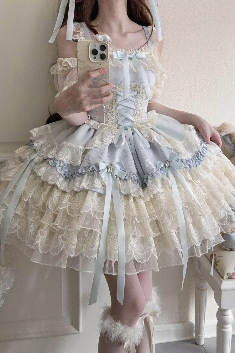 Blue [Ribbon Heart Love] Sleeveless Multi-Layered Ruffle Bowknot Lace Lace-Up Sweet Princess Ballet Lolita Jsk Dress - Product - 3
