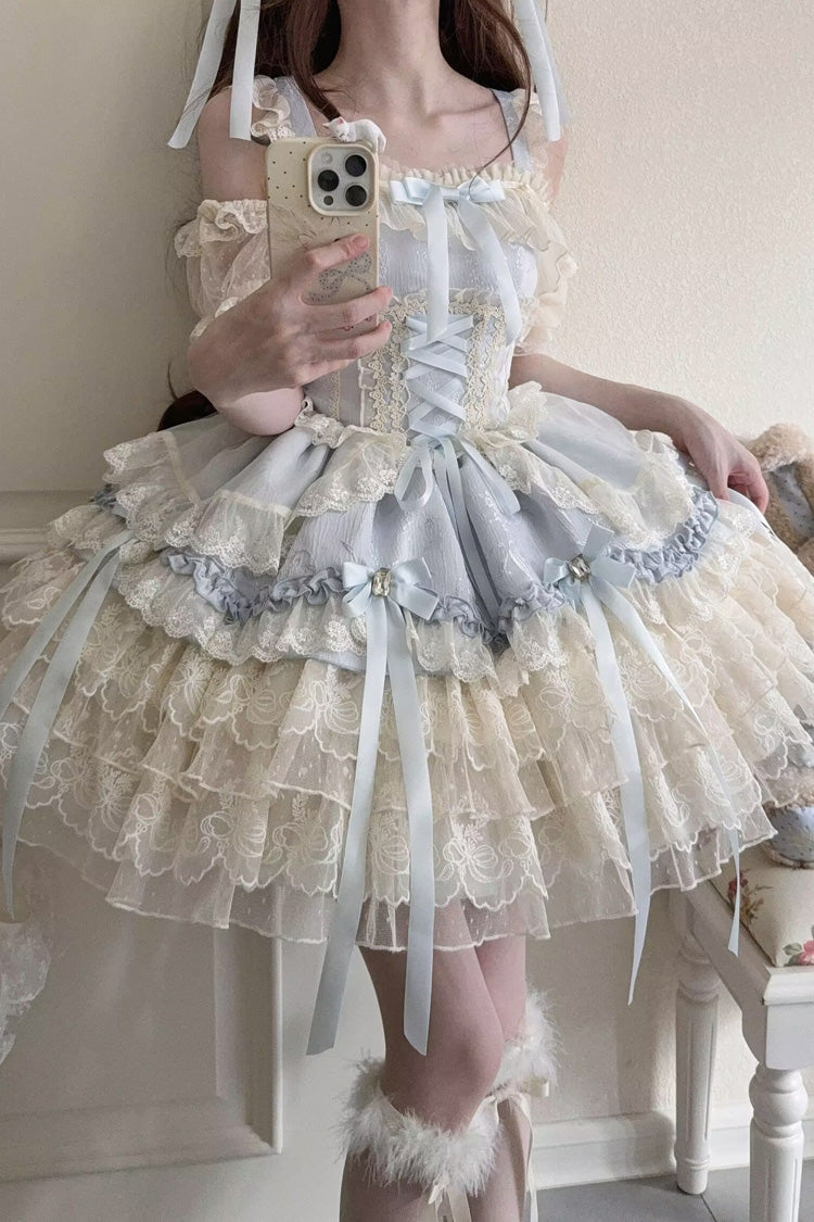Blue [Ribbon Heart Love] Sleeveless Multi-Layered Ruffle Bowknot Lace Lace-Up Sweet Princess Ballet Lolita Jsk Dress - Product - 3