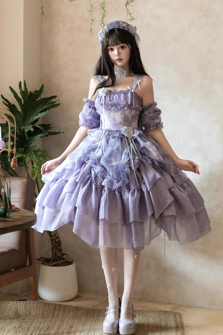 [Goodnight Camellia] Sleeveless Ombre Multi-Layered Printed Ruffled Lace Fishbone Sweet Lolita Jsk Dress 3 Colors - Purple - 14