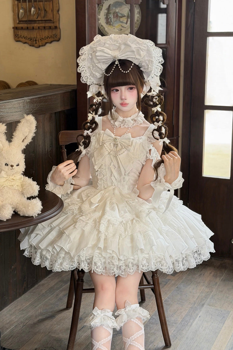 White [Pearl Ballet] Square Collar Sleeveless Multi-Layered Ruffled Bow Lace-Up Pearl-Decorated Sweet Ballet Lolita Jsk Dress - Product - 2