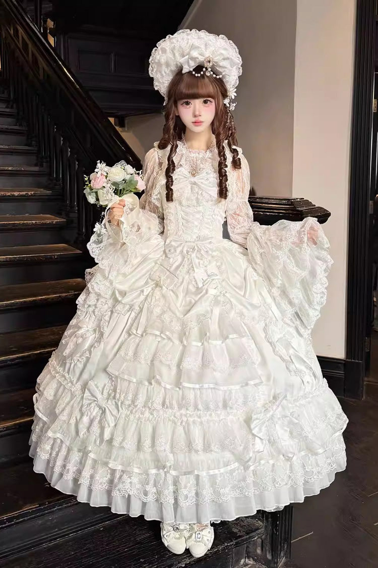 White [Ode of the Curtain] Multi-Layered Ruffled Hanayome Open-Front Bow Lace Lace-Up Sweet Long Lolita Jsk Dress - Product - 5