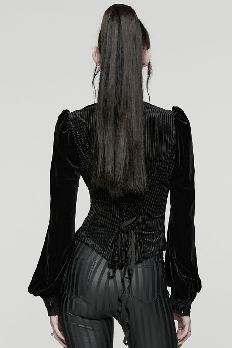 Black Stand Collar Long Puff Sleeves Floral Embroidered Lace-Up Women's Gothic Blouse - Product - 3