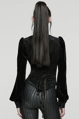 Black Stand Collar Long Puff Sleeves Floral Embroidered Lace-Up Women's Gothic Blouse - Product - 3