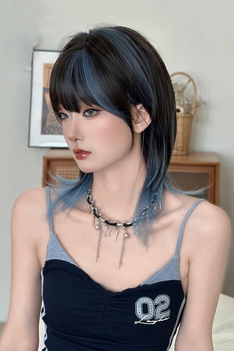 Ombre Wolf Cut Samurai Style Clavicle‑Length Sweet Lolita Full Wig 2 Colors - Black/Blue - 1
