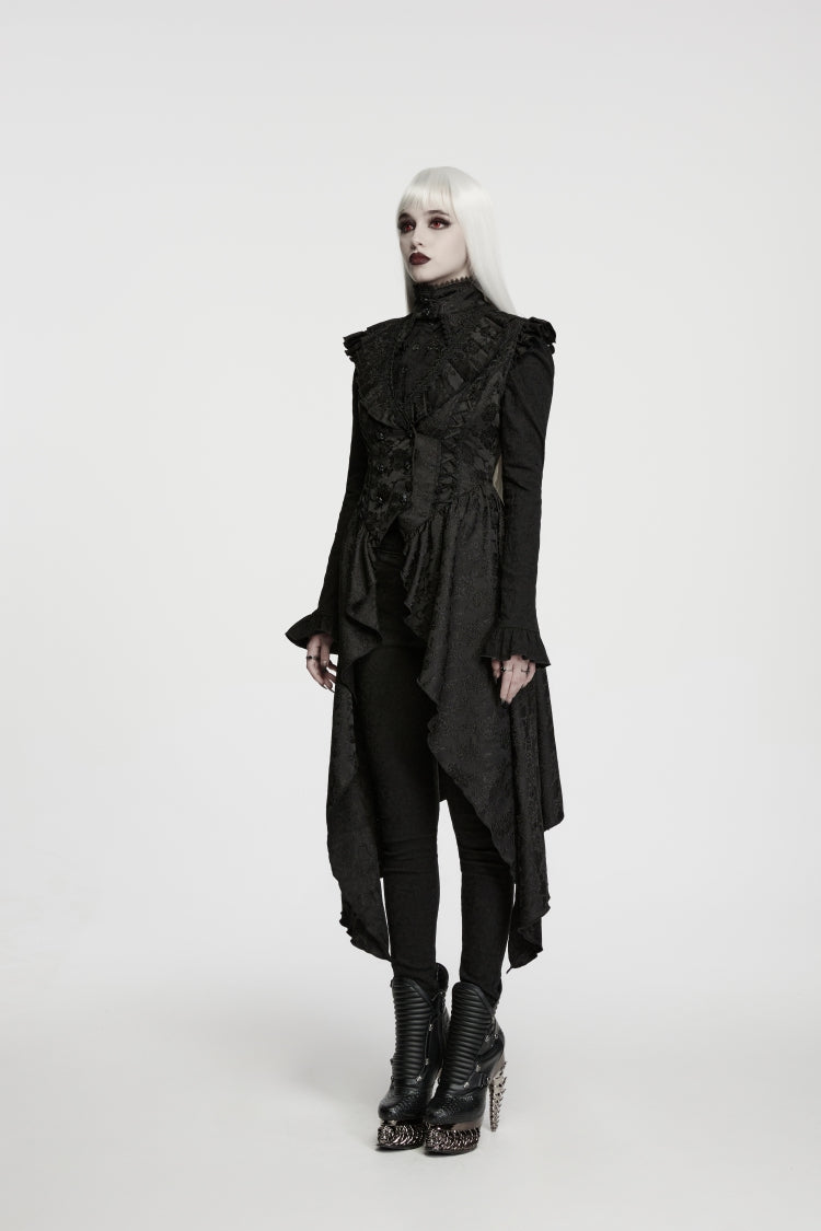 Black Stand Collar Sleeveless Jacquard Cut-Out Lace-Up Asymmetric Women's Gothic Elegant Vest - Product - 3