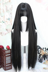 Natural Black Phoenix Tail Style Long Straight Sweet Lolita Wig with Airy Bangs - Natural-Black - 1