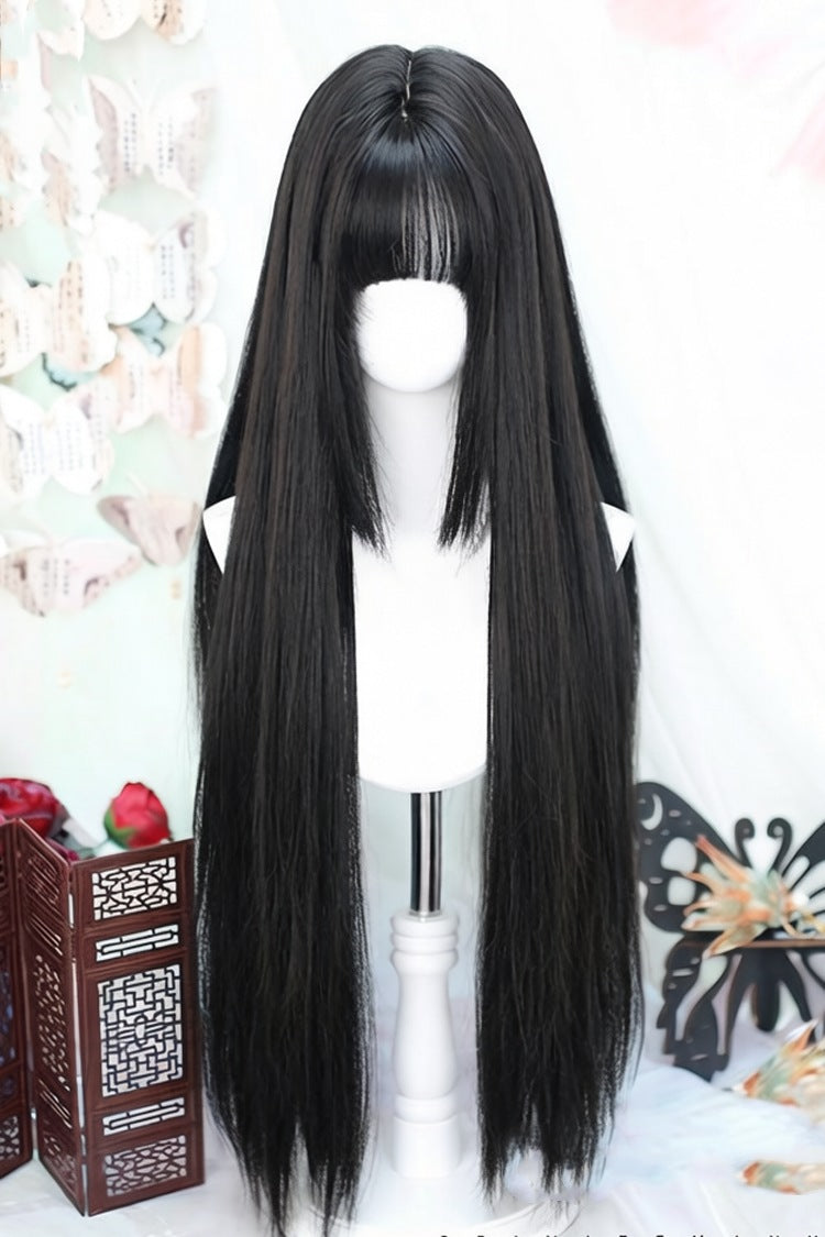 Natural Black Phoenix Tail Style Long Straight Sweet Lolita Wig with Airy Bangs - Natural-Black - 1