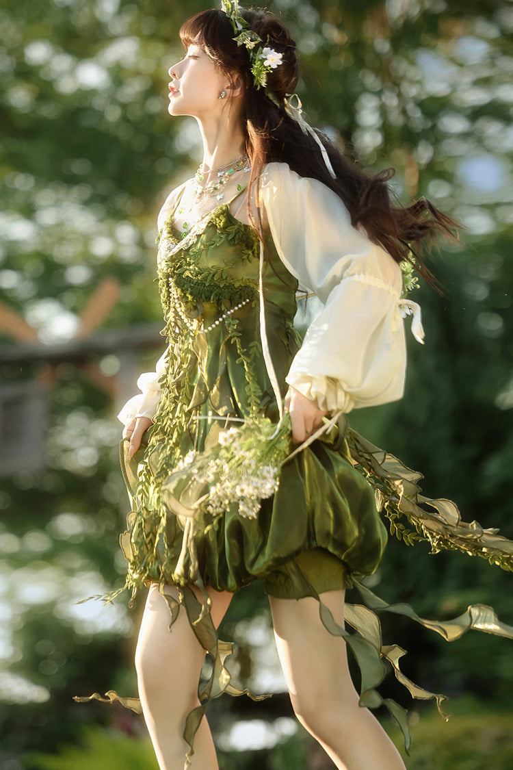 Green [Children of the Forest] Leaf Decoration Ruffle Irregular Sweet Lolita Jsk Dress Set - Product - 11