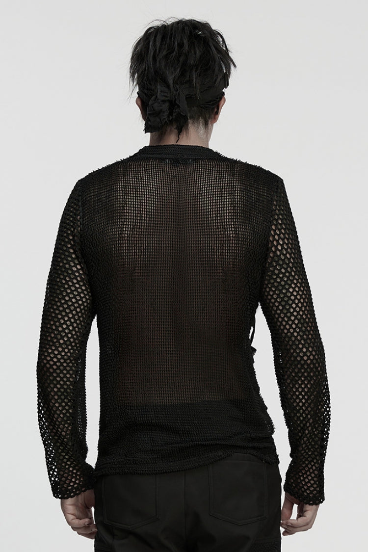 Black Long Sleeves Mesh Eyelet Men's Punk T-Shirt - Product - 3