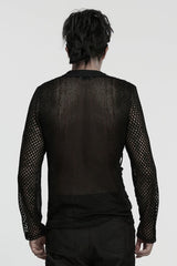 Black Long Sleeves Mesh Eyelet Men's Punk T-Shirt - Product - 3