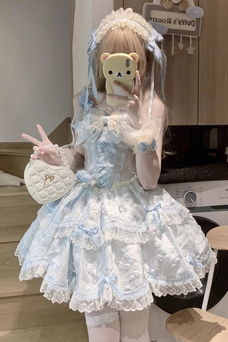Blue [Floral Overture] Double-Layered Ruffle Embroidery Bowknot Lace Sweet Lolita Jsk Dress - Product - 6