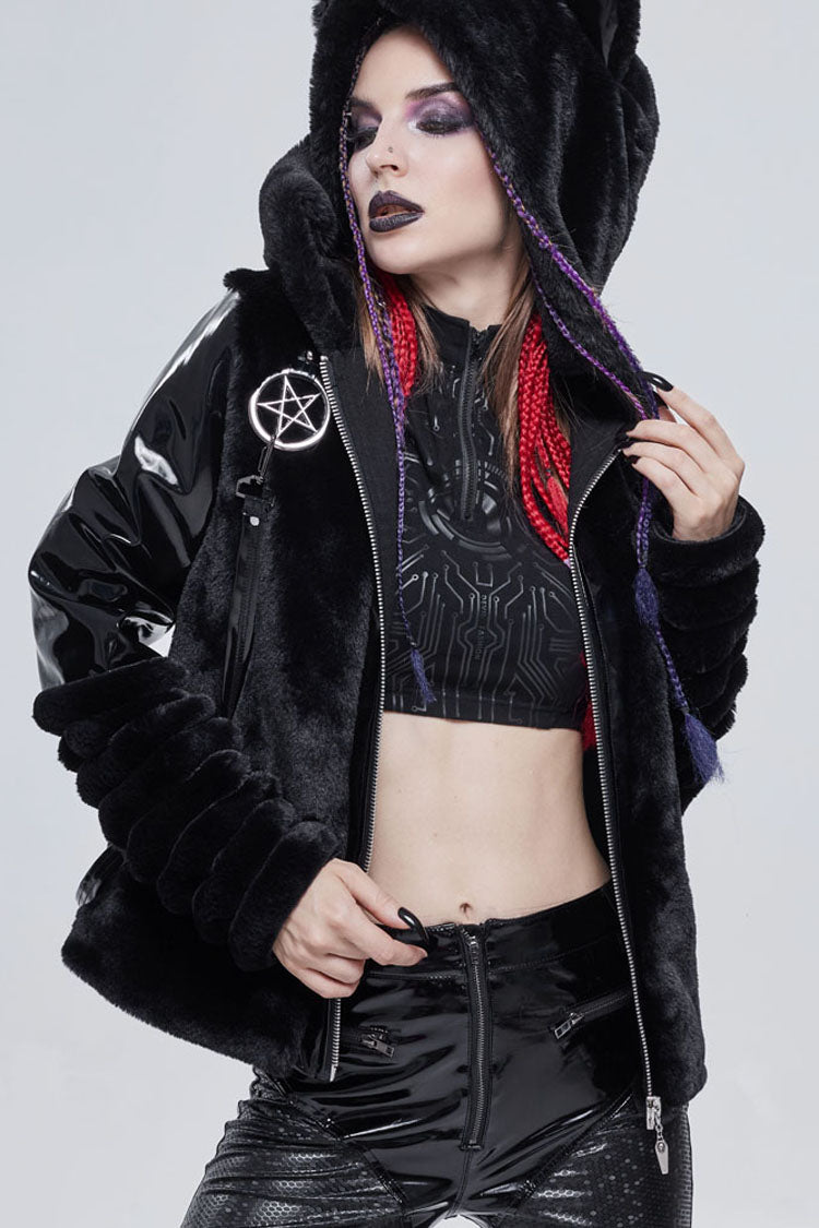Black Punk Cuff Pleated Design Metal Five-Pointed Star Shape Belt Decoration Cat Ear Women's Coat - Product - 12