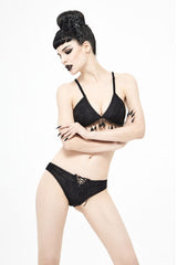 Black Dark Grain Jacquard Tassel Lace Up Gothic Swimsuit - Product - 4