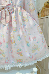 White/Apricot Long Sleeves Print Bowknot Lace Sweet Plus Size Lolita Dress - Product - 5