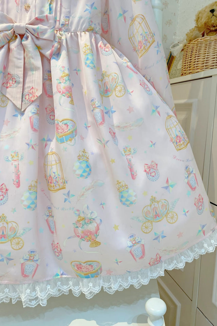 White/Apricot Long Sleeves Print Bowknot Lace Sweet Plus Size Lolita Dress - Product - 5