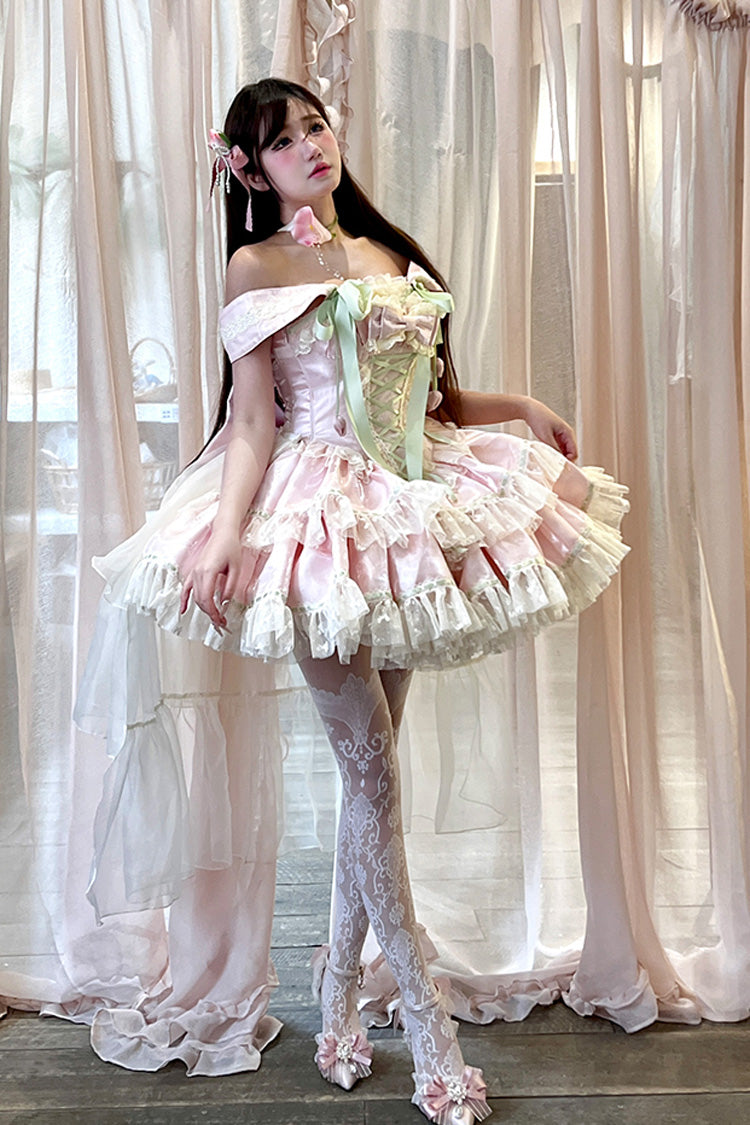 Pink [Tulip Love Song] Boat Neck Double-Layered Ruffle Bowknot Lace Lace-Up Romantic Sweet Princess Lolita Dress - Product - 6