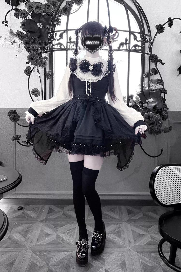 Black/White [Thorn Doll] Long Sleeves Ruffled Bow Pearl-Decorated Gothic Jirai Kei Dress - Product - 6