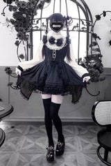 Black/White [Thorn Doll] Long Sleeves Ruffled Bow Pearl-Decorated Gothic Jirai Kei Dress - Product - 6
