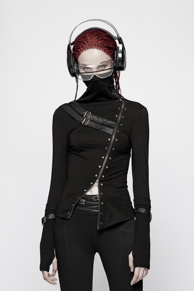 Black High Collar Long Sleeves Zipper Leather Buckle Women's Steampunk T-Shirt - Black - 1