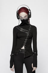Black High Collar Long Sleeves Zipper Leather Buckle Women's Steampunk T-Shirt - Black - 1