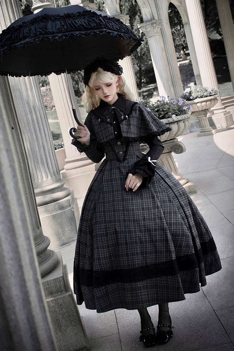 Black Chest Support Plaid Print Ruffle Gothic Lolita Dress - Product - 6