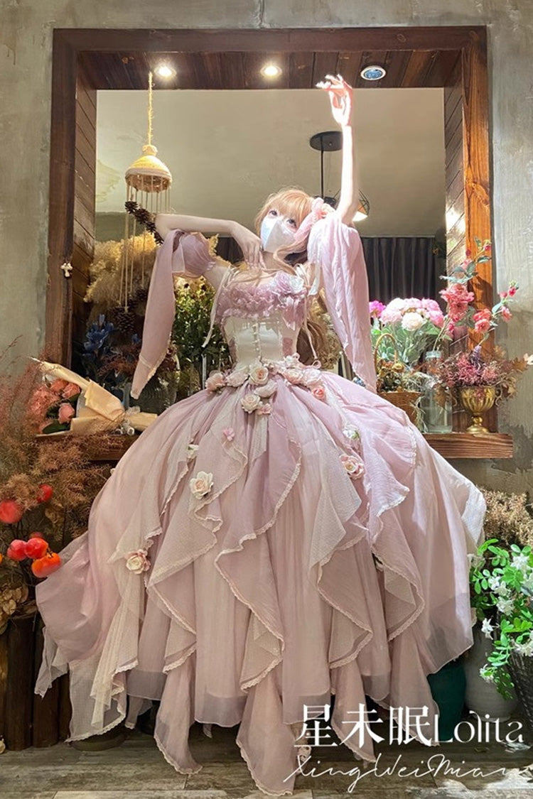 [Praise of the Flower Goddess] Off Shoulder Ruffle Hanayome Bowknot Lace Fishbone Sweet Lolita Jsk Dress 2 Colors - Pink - 1