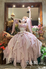 [Praise of the Flower Goddess] Off Shoulder Ruffle Hanayome Bowknot Lace Fishbone Sweet Lolita Jsk Dress 2 Colors - Pink - 1