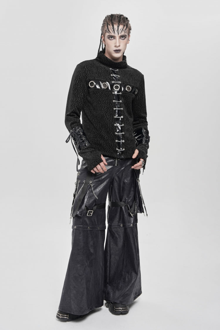 Black Stand Collar Long Sleeves Faux Leather Stitching Chain Eyelet Men's Punk Blouse - Product - 5