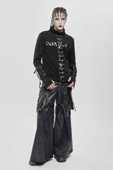 Black Stand Collar Long Sleeves Faux Leather Stitching Chain Eyelet Men's Punk Blouse - Product - 5