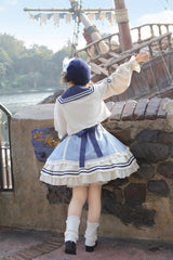 Blue/Ivory [Ride the Wind and Waves] Double-Layered Printed Ruffled Bow Lace Sweet Lolita Jsk Dress Set (Coat Included) - Product - 10