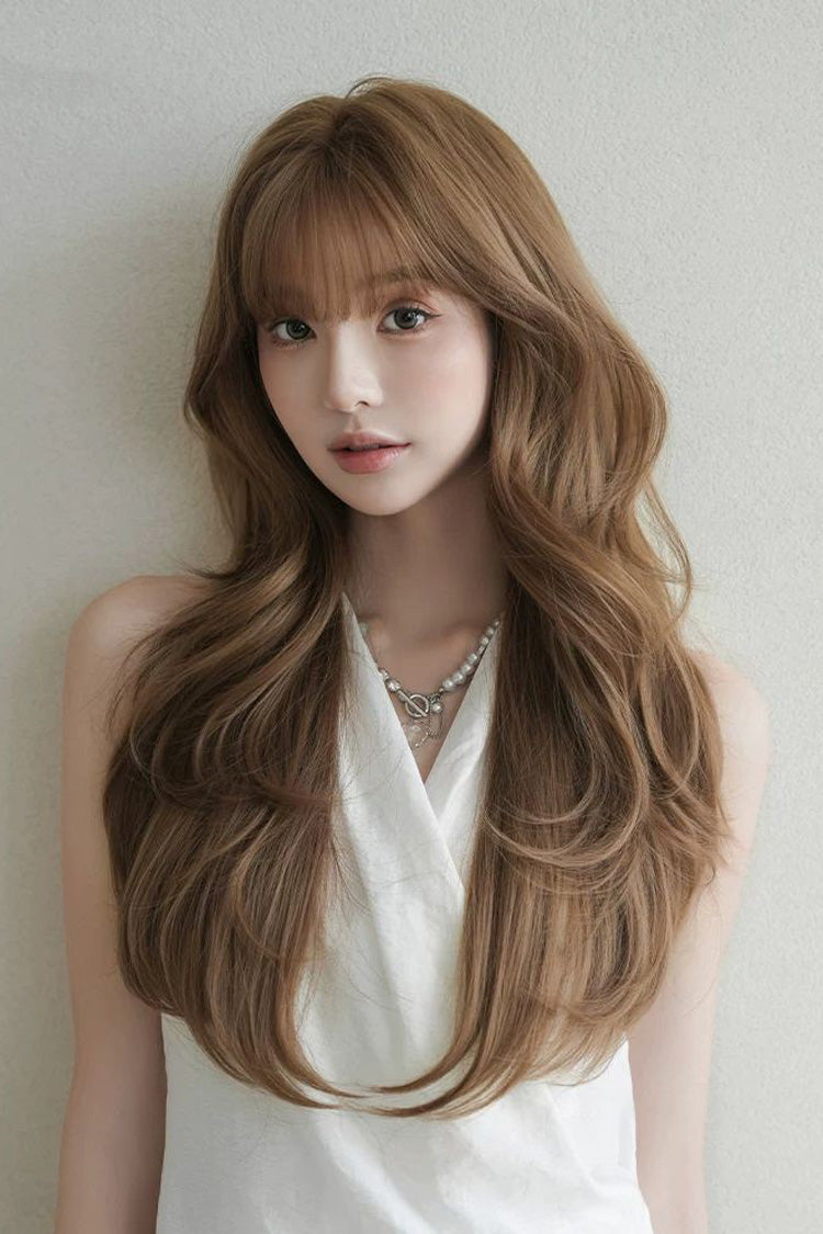 Milky Coffee Korean Style High-Layered Long Wavy Sweet Lolita Wig with Air Bangs - Product - 2