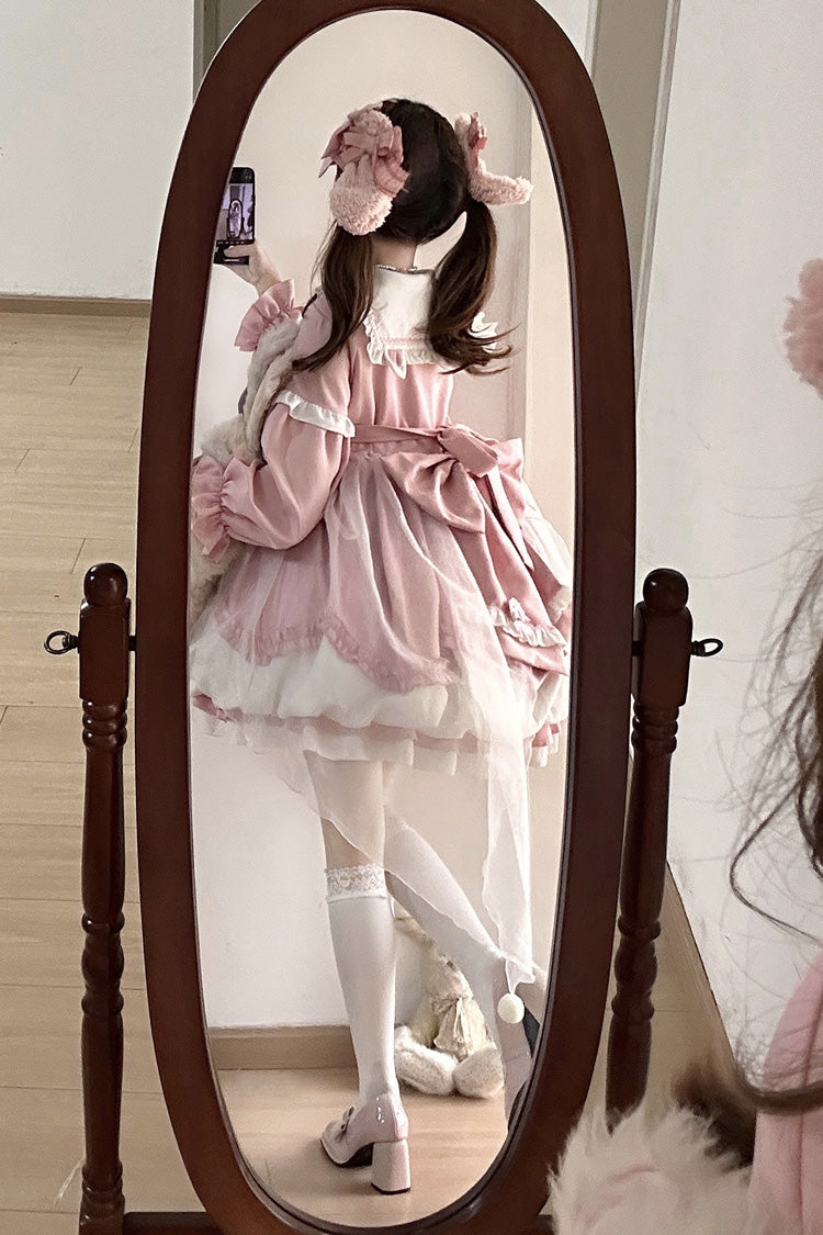 [Pray Star] Long Sleeves Double-Layered Ruffle Bowknot Stitching Lace Sweet Lolita Dress 5 Colors - Product - 21